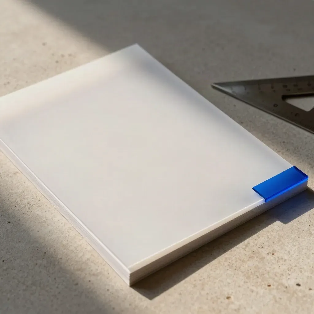 Drafting layout sheets and prints on pale stone with a steel square and blue tab