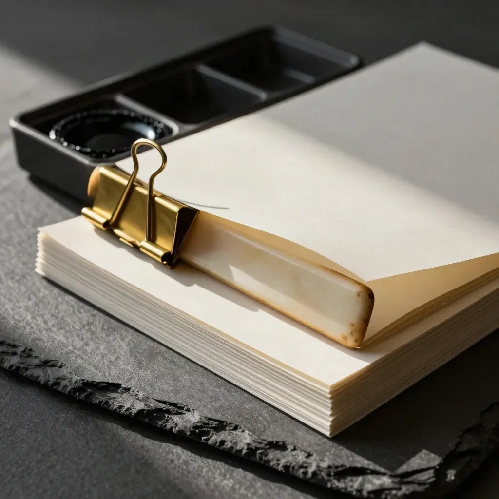 Lead type tray, brass clamp, bone folder and proof sheets on slate in dramatic studio light.