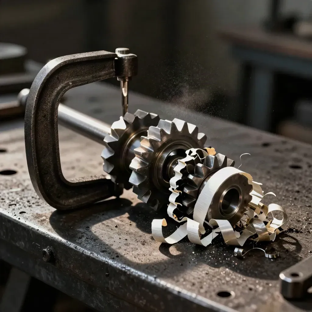 Machined steel gear blanks, a C-clamp, and metal shavings on blackened iron in dramatic light