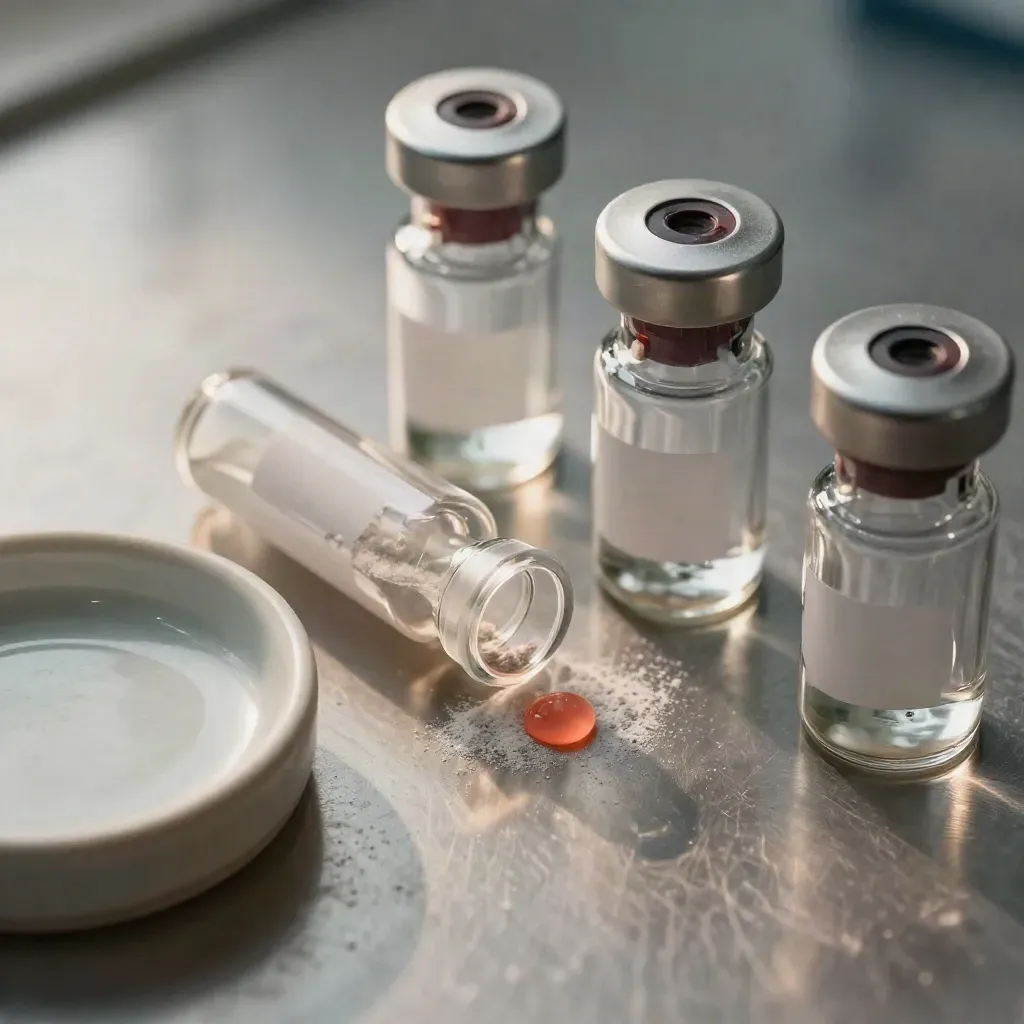 Macro still life of lab vials, a ceramic dish and stainless caps on brushed steel with coral sample scatter.