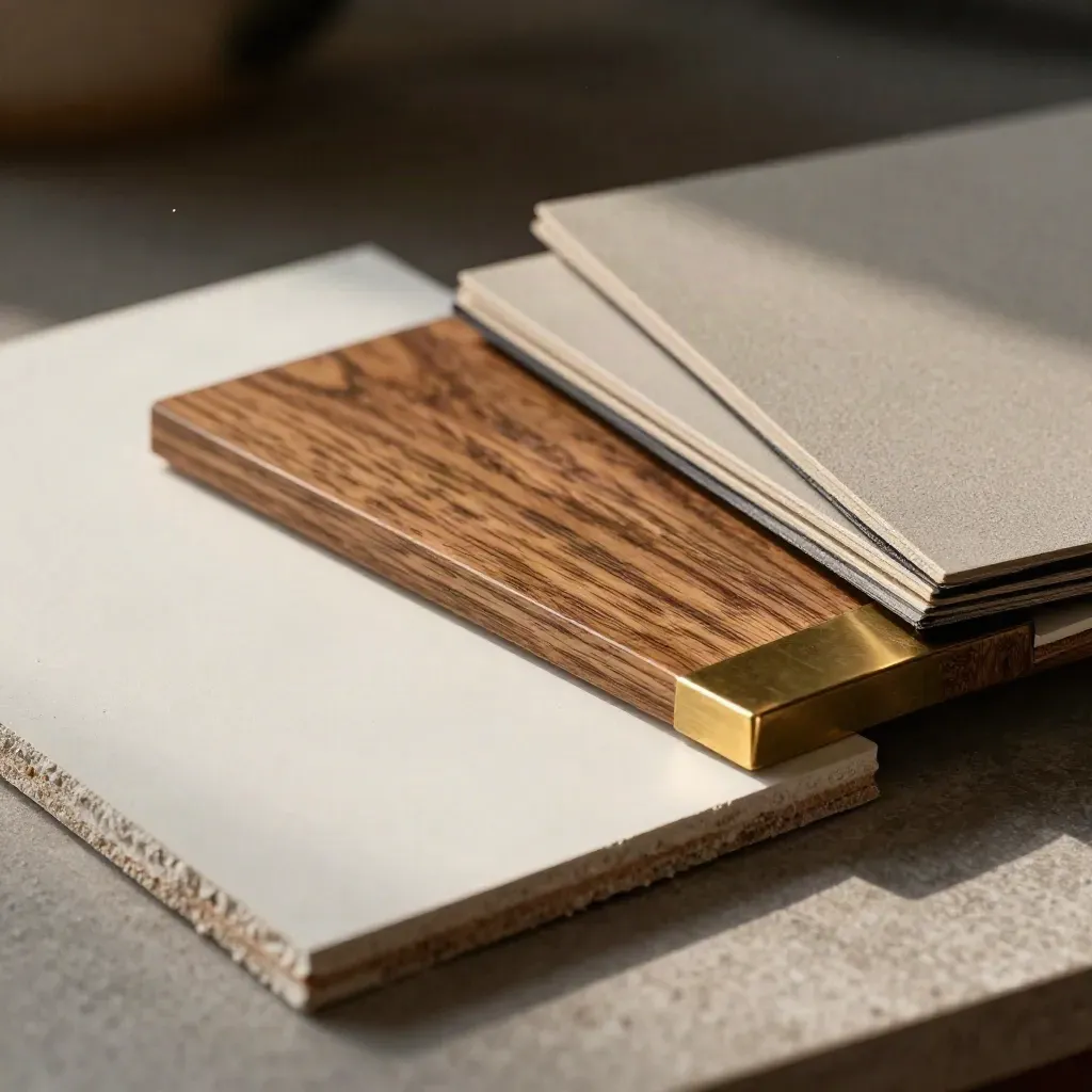 Plaster chips, walnut swatches, and brass detail on pale oak in soft light.