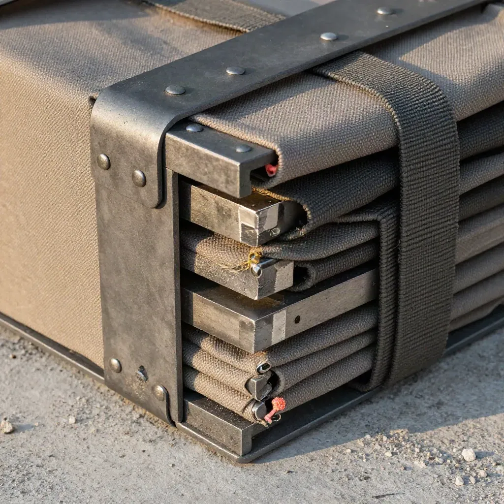 Macro of packing blocks, riveted brackets, and a canvas sling on dusty concrete.