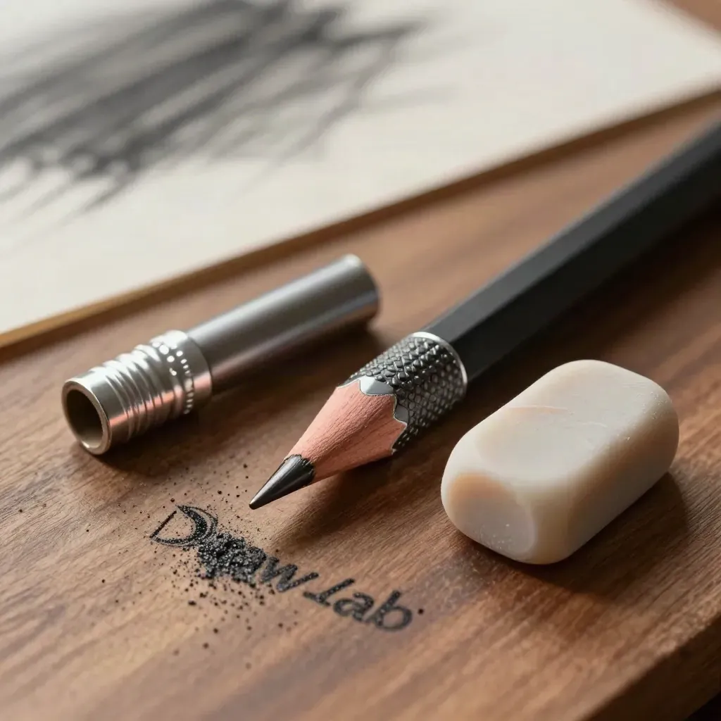 Extreme macro of a graphite mechanical pencil, lead sleeves, and kneaded eraser on a walnut drawing board.