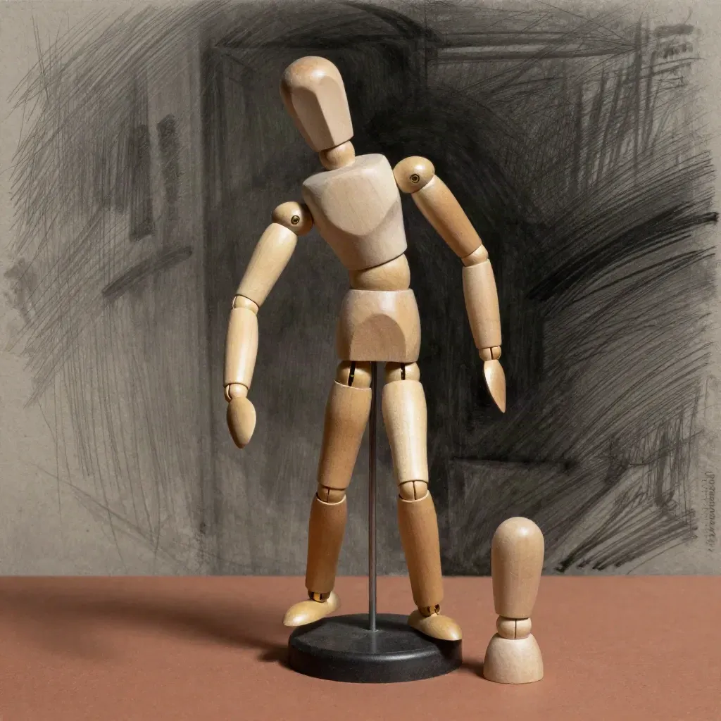 Wooden artist mannequin and jointed pose arm on a terracotta plinth in dramatic studio light.