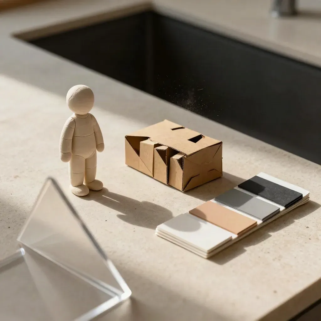Macro still life of a paper-clay mascot maquette, packaging folds, and swatch deck through blurred acrylic.
