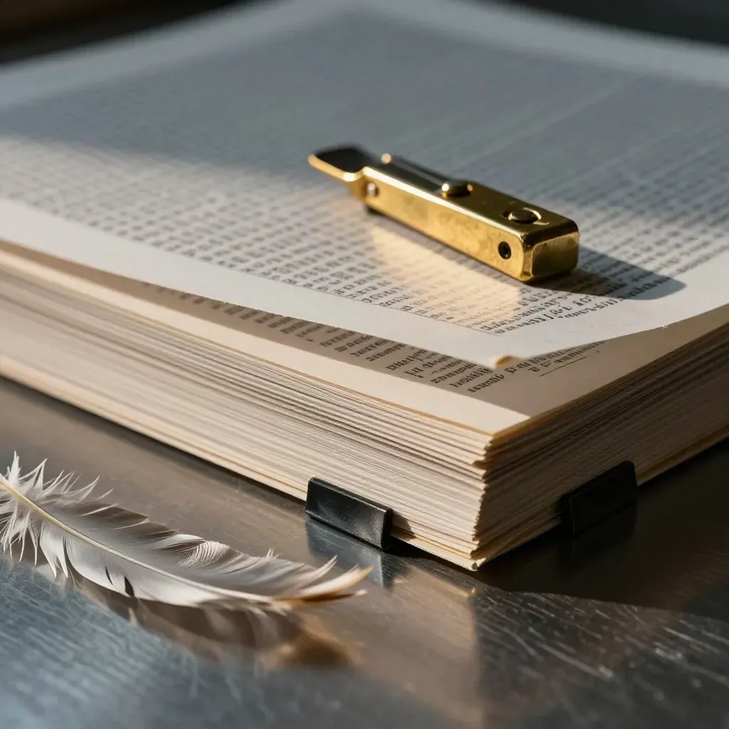 Publishing proof stack with acetate, brass knife and page clamps on a press bench.