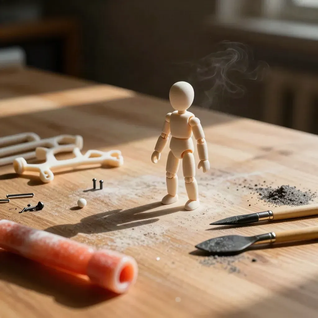 Game model kit parts, armature, paint chips and tools on a warm oak bench in dramatic light