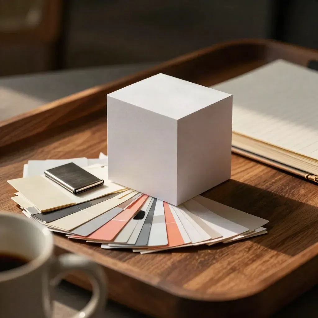 Paper cube, swatch fan, metal clip and notebook on a walnut tray in dramatic studio light.