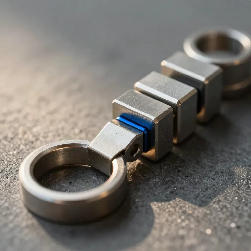 Macro of aluminum connector rings linking on a graphite surface with electric blue accent
