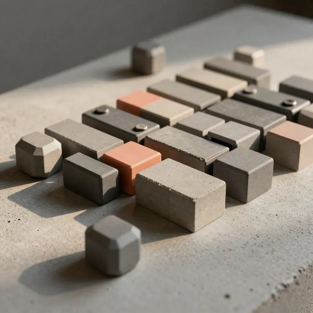 Magnetic cubes and corner connectors align on pale concrete in a dramatic top-down still life.