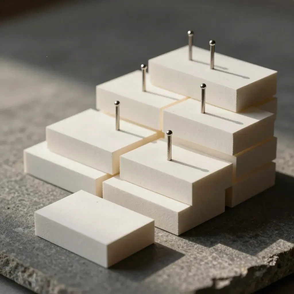 Matte paper blocks and steel pins stacking on stone, lit from upper left with soft shadow.