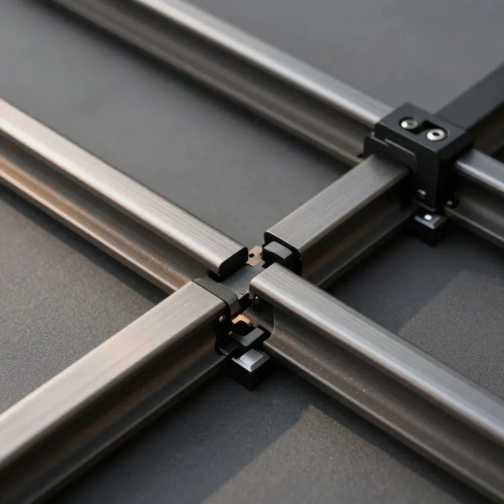Macro still life of brushed metal rails and brackets on graphite, with ink-black hardware